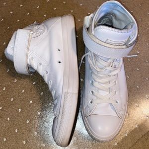Converse White Leather High Tops with strap